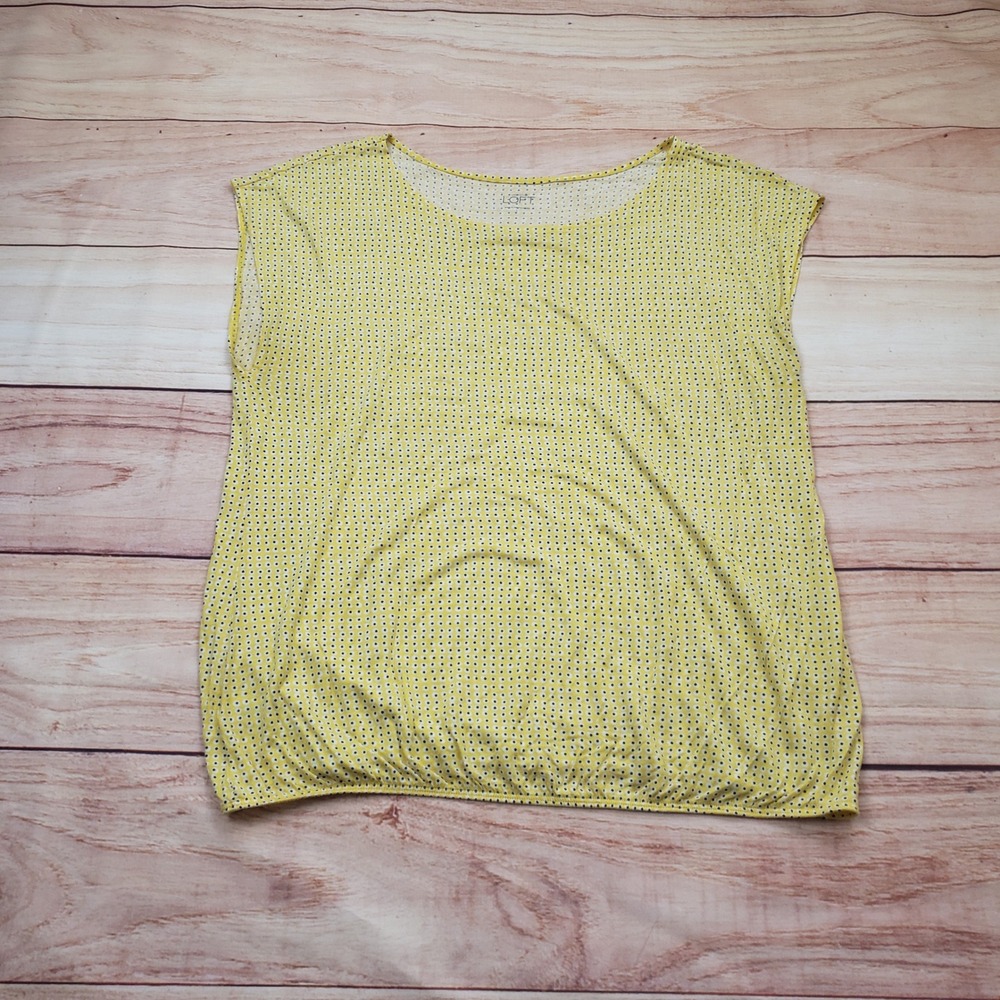 Loft Ann Taylor Shirt Womens Large Yellow Polka Dot Scoop Neck Cap Sleeve Blouse